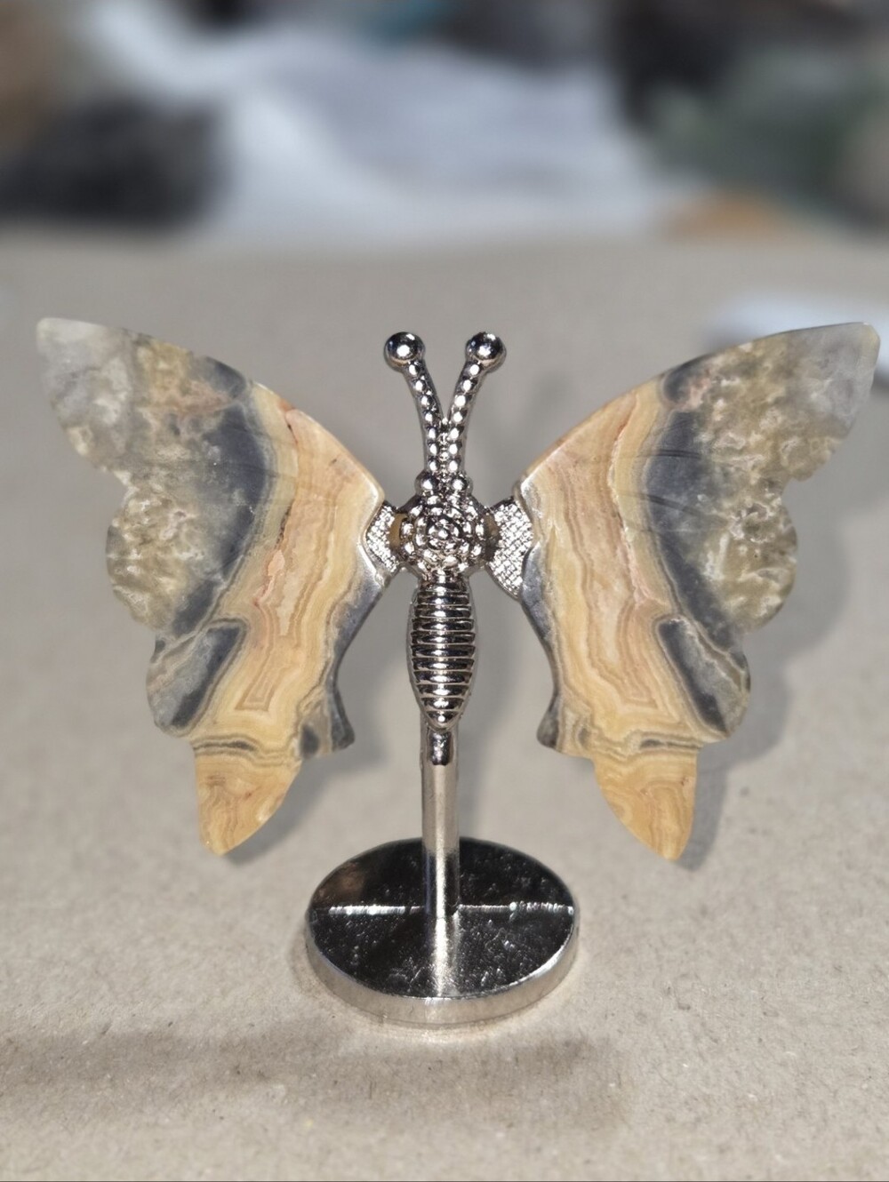 Banded Agate/Crazy Lace Agate Crystal Butterfly Wings On Metal Stand